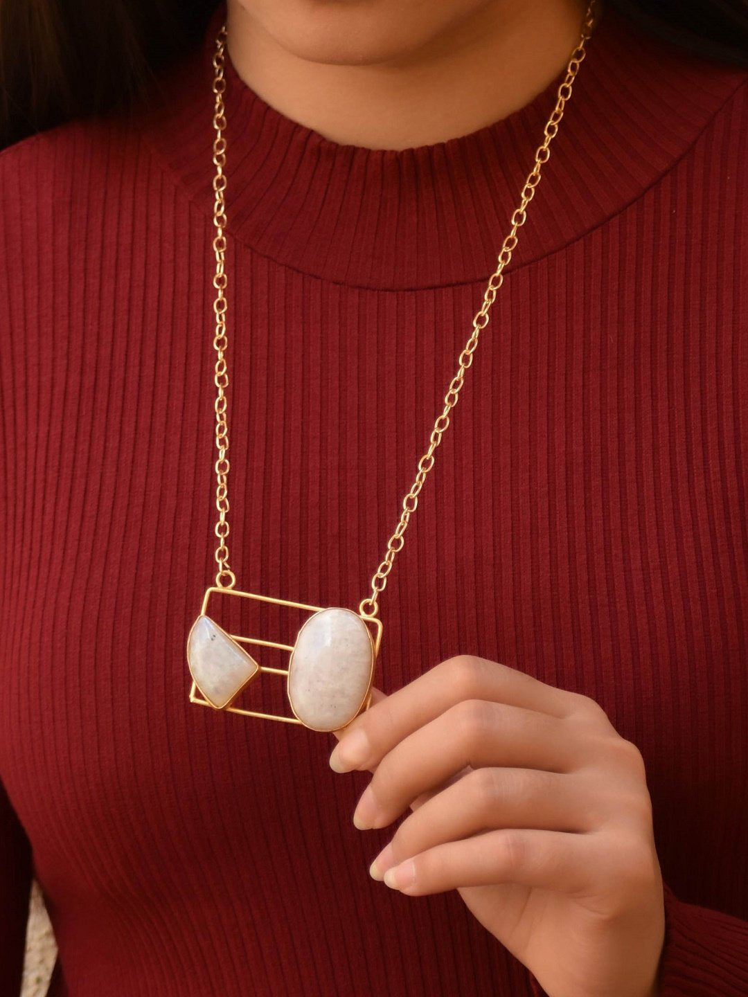 Avismaya Gold Plated Square Design White Color Semi-precious Moonstone Long Necklace