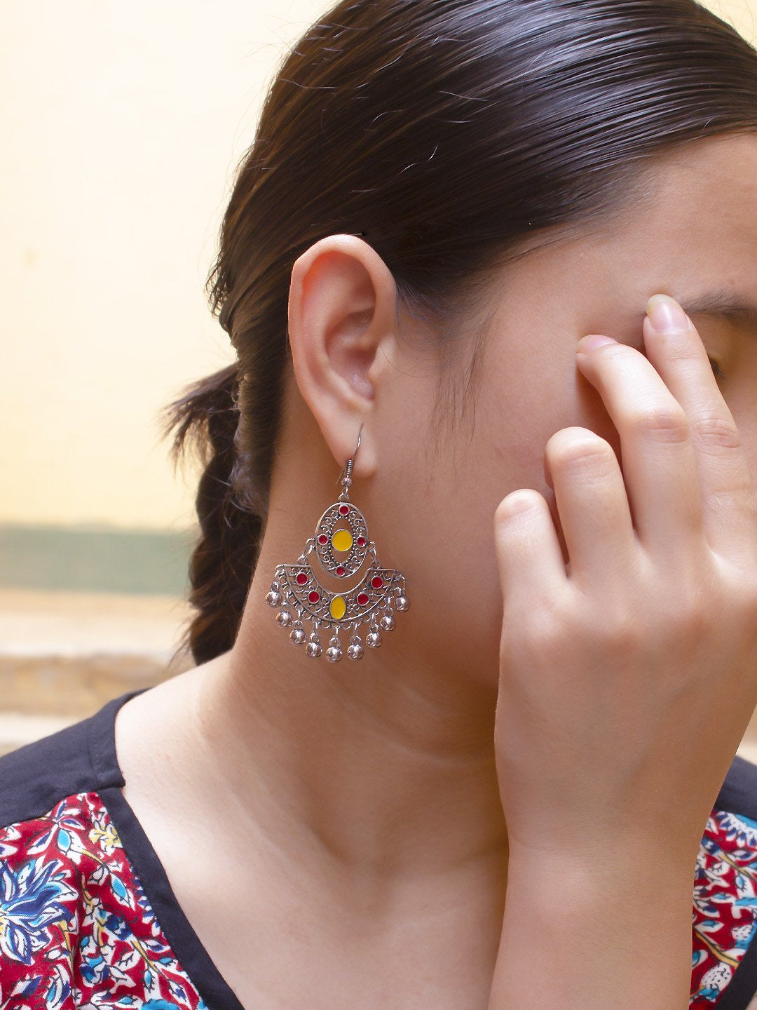 Geometric Design Red and Yellow Dangler Afghani Earring