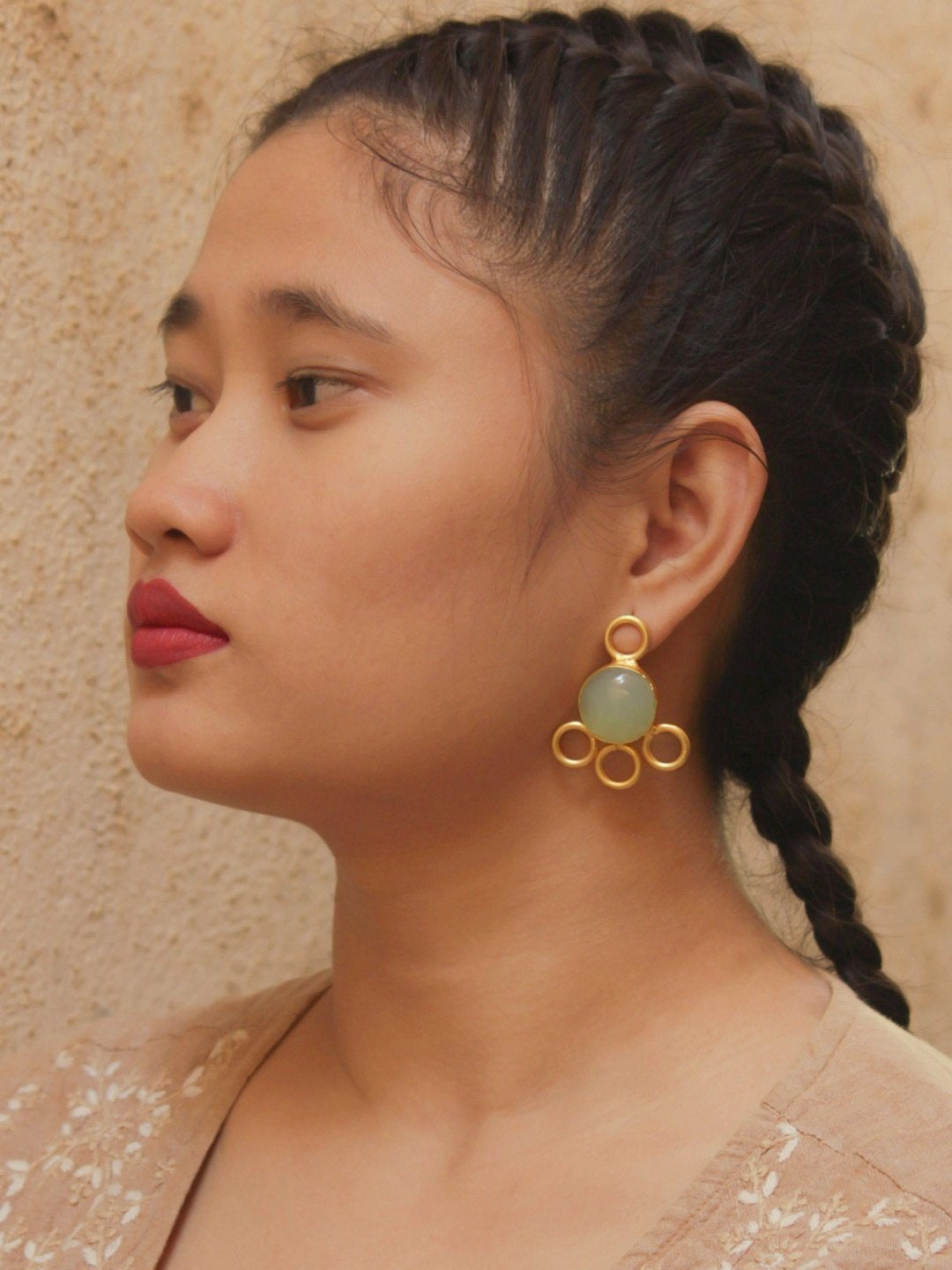 Avismaya Semi Precious Gold Plated Circle Design Green Color Moonstone Dangler Earring