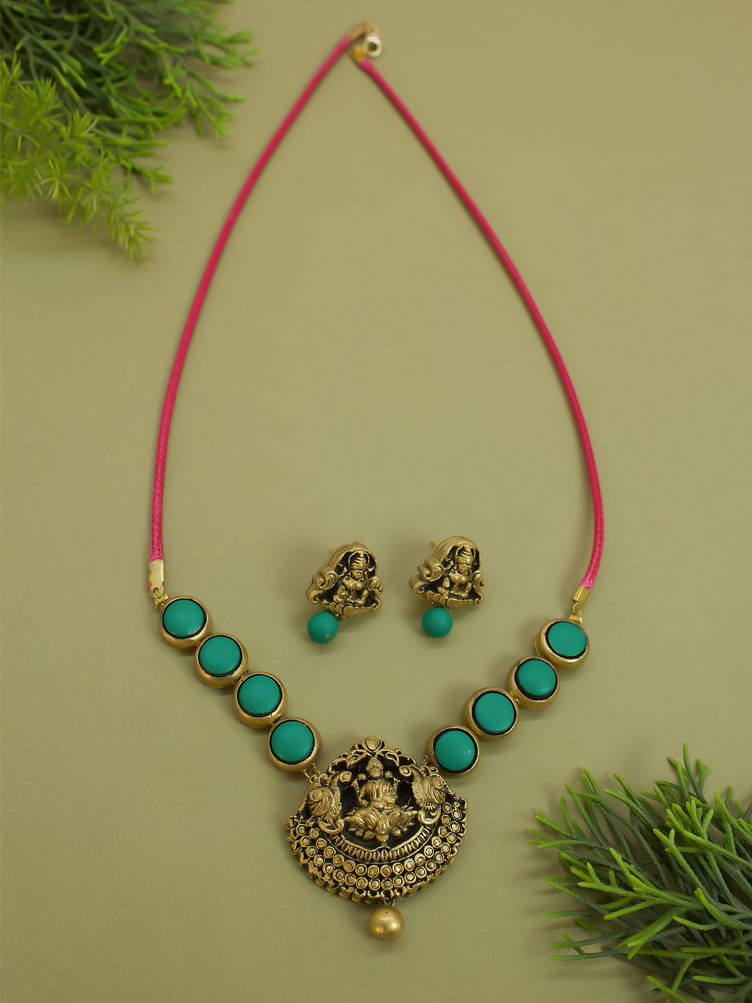 Circular Pattern Design Lakshmi Pendant Design Antique Gold Green Pink Handmade Terracotta Necklace Set