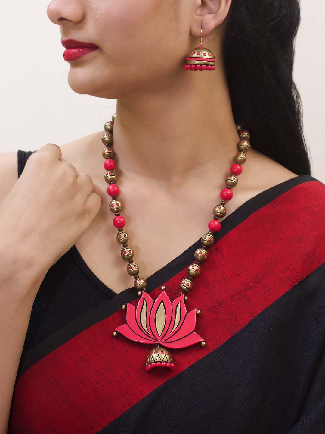 Lotus Design Hand Painted Terracotta Jewellery Set – Jumkey