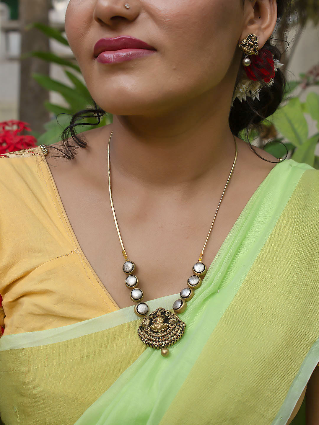 Circular Pattern Design Lakshmi Pendant Design Antique Gold Antique Silver Dual Tone Handmade Terracotta Necklace Set