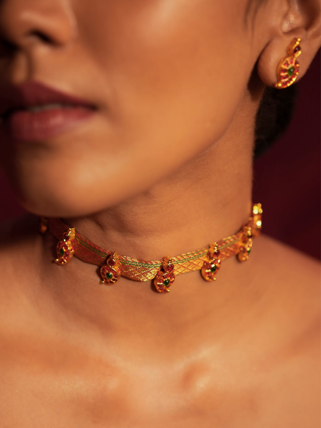 Zarasha — Gold Tone Yellow Zari Temple Choker Necklace Set