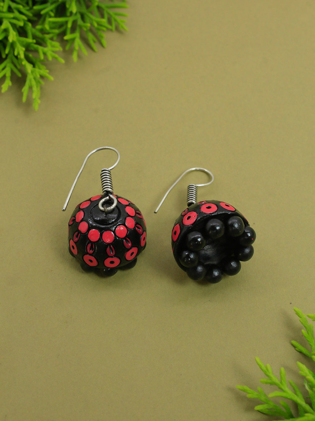 Pink Black Mandala Art Handmade Terracotta Jhumka Earring
