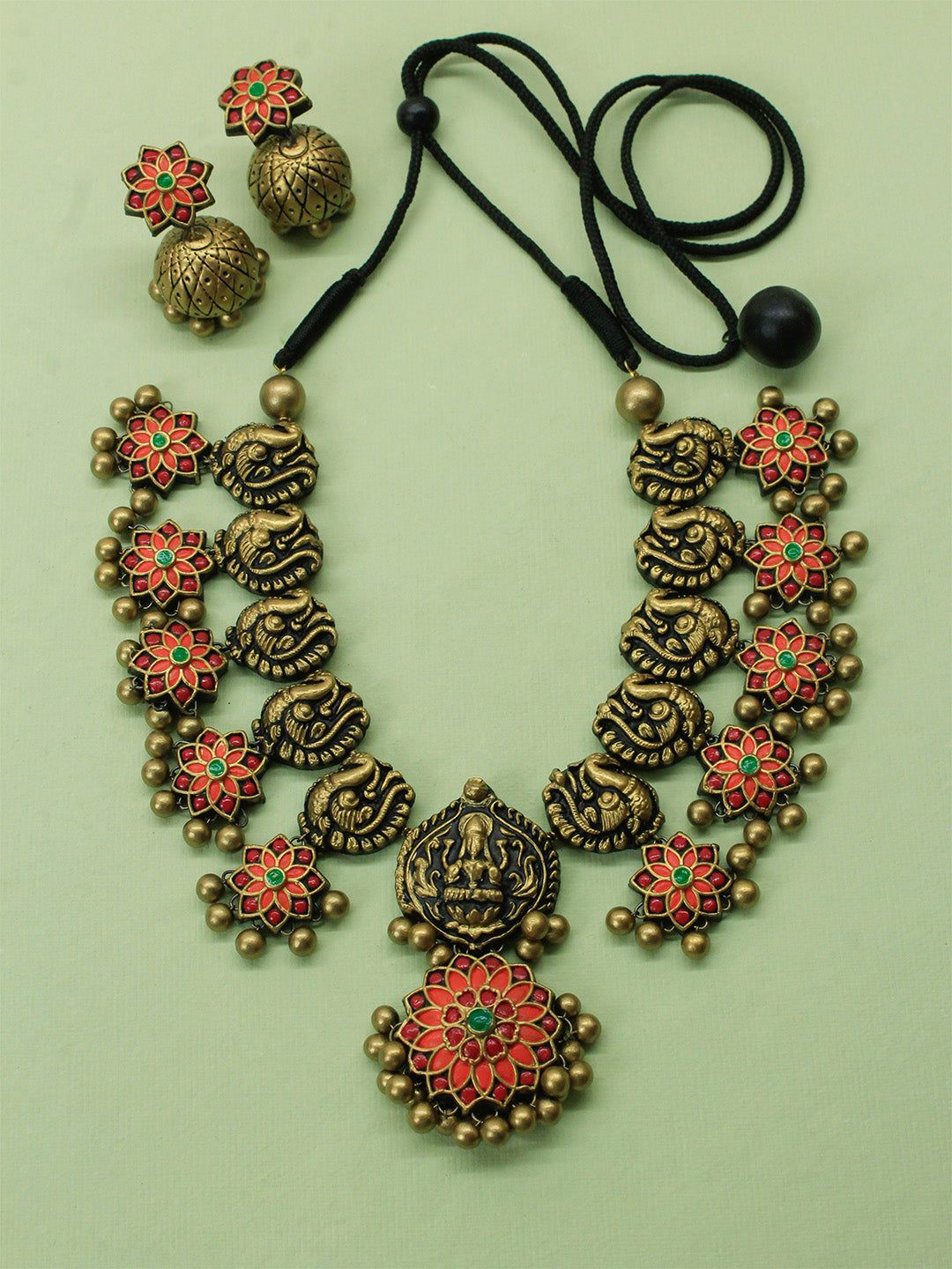 Antique Gold Red Orange Green Mandala Art Floral Work Lakshmi Peacock Design Contemporary Temple Handmade Terracotta Necklace Set