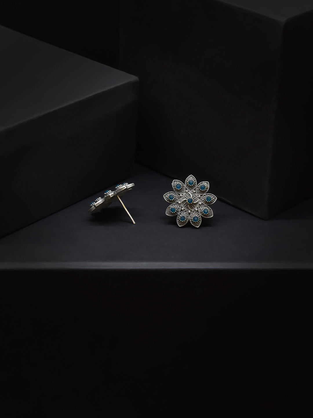 Silver Plated Floral Design Blue Color Artificial Stone Stud Earring
