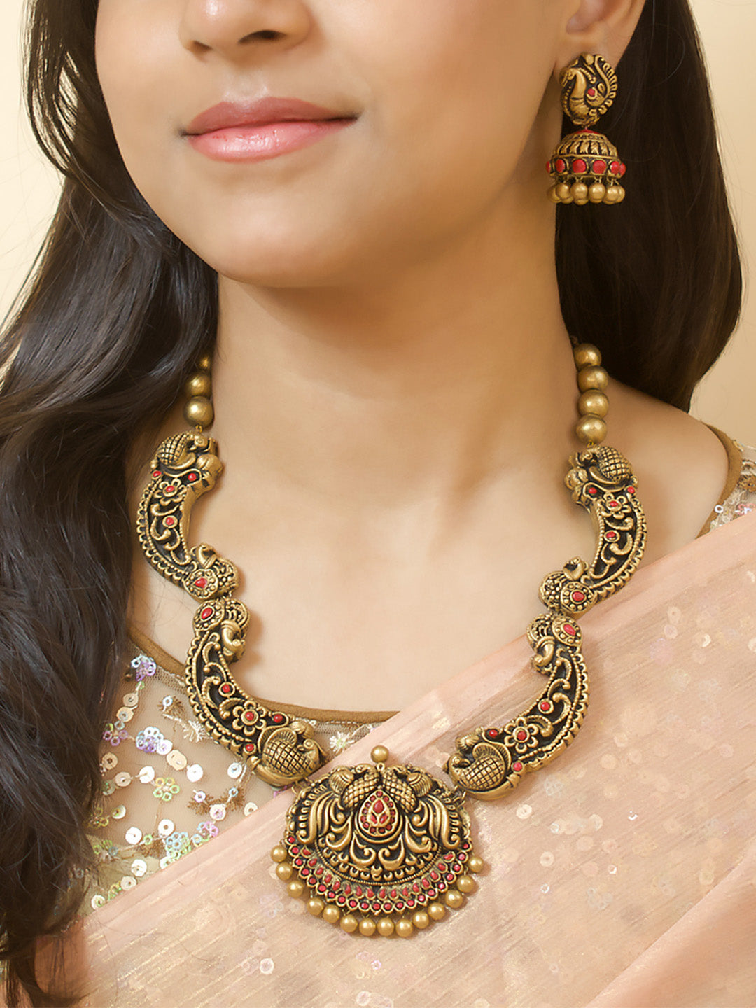 Varnitha — Antique Gold Pink Rajwadi Style Peacock Design Haram Handmade Terracotta Necklace Set