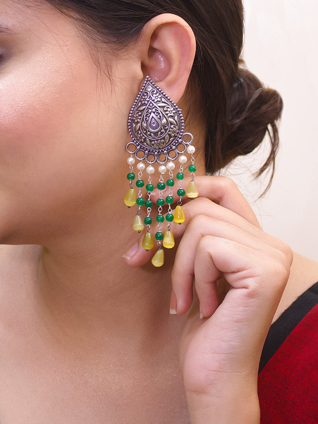 Silver Plated Teardrop Design Green And Yellow Color Beads With Hanging White Pearls Dangler Earring