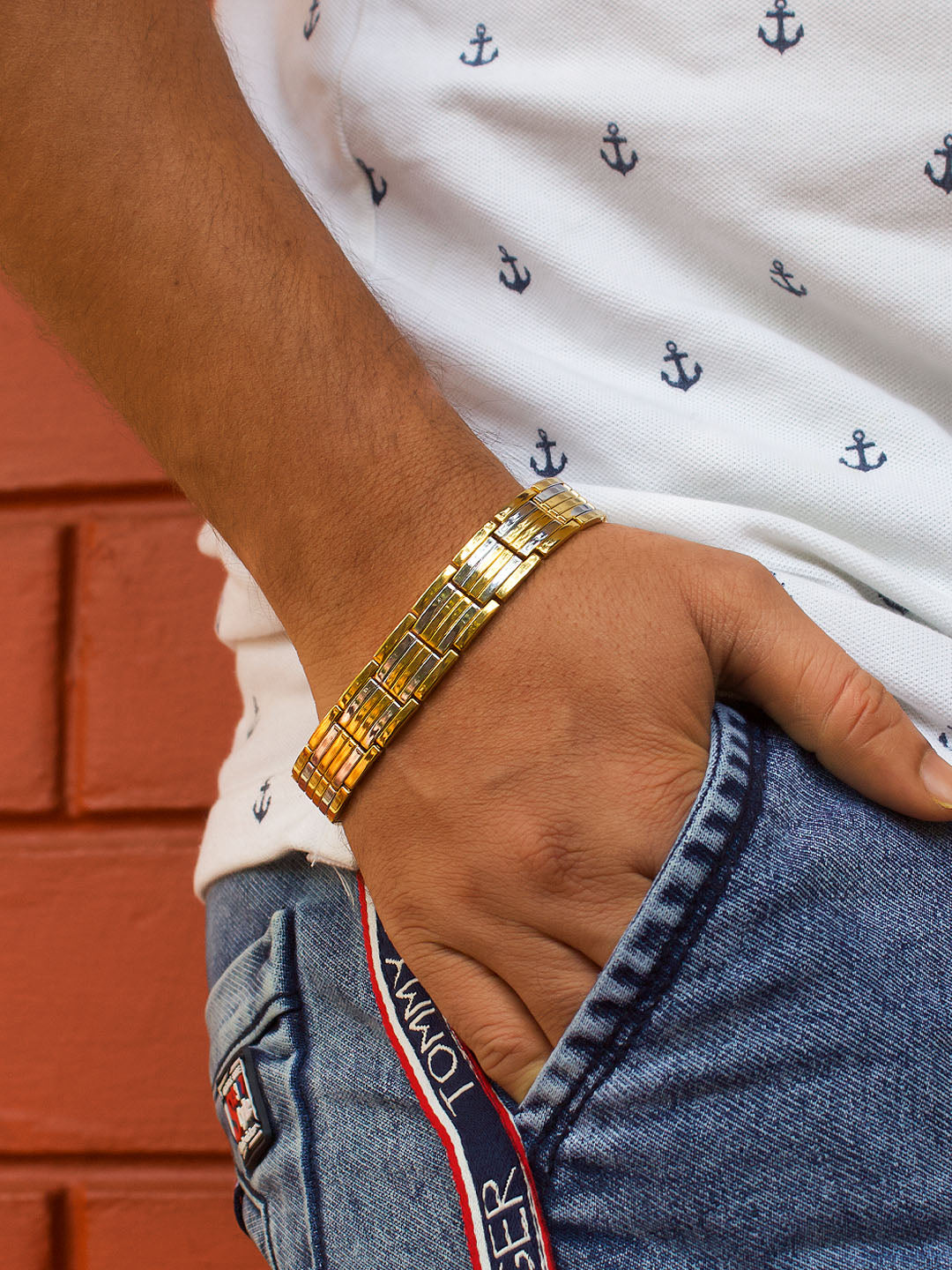 Avismaya Gold And Silver Plated Geometric Design Mens Bracelet