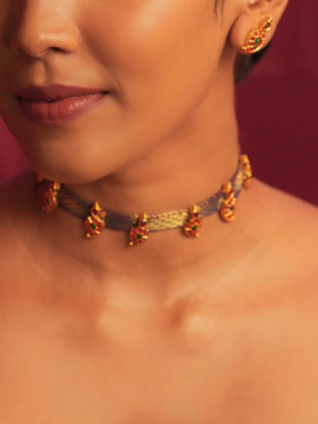 Zariva — Gold Tone Blue Zari Temple Choker Necklace Set