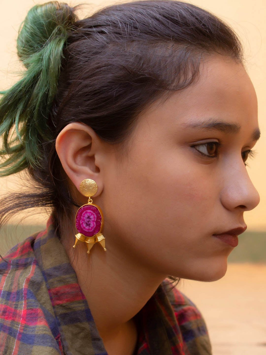 Avismaya Semi Precious Gold Plated Floral Design Pink Color Druzy Stone Dangler Earring