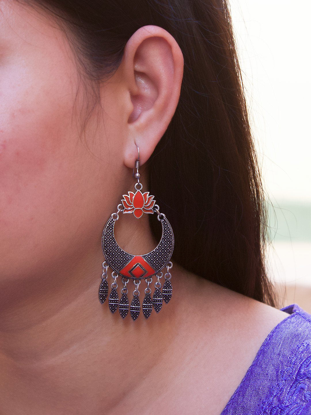 Silver Plated Lotus Design Orange Color Enamel Painted With Hanging Silver Spikes Dangle Earring