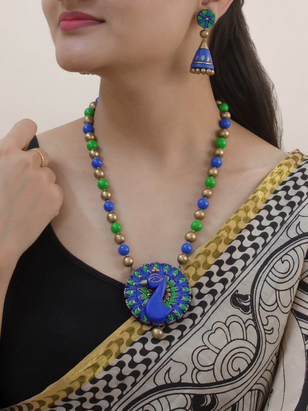 Peacock Design Hand Painted Finish Terracotta Jewelry Set