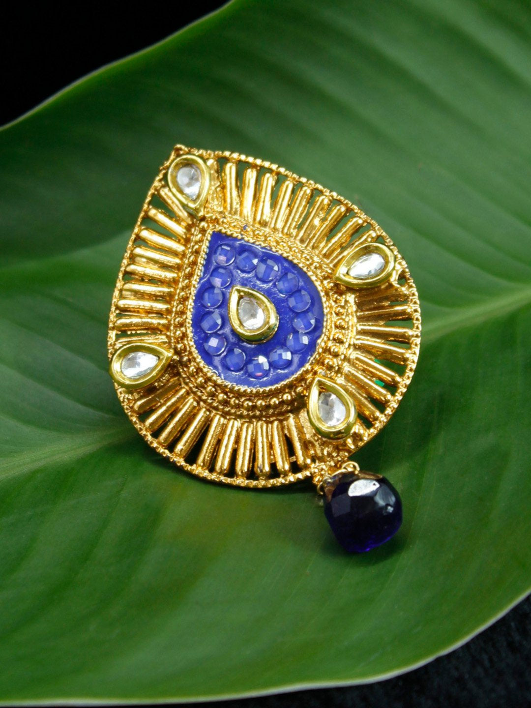 Gold Plated Tear Shape Blue and White Stone with Blue Pearl Dropping Saree Pin