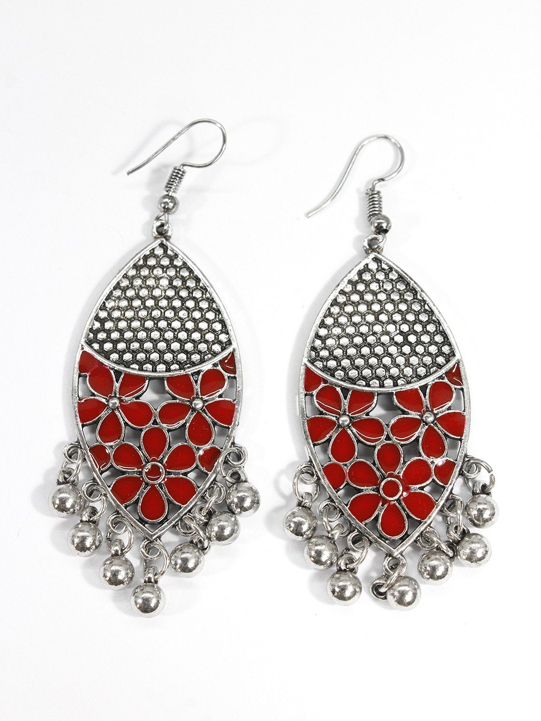 Silver Plated Leaf Design Red Color Earring