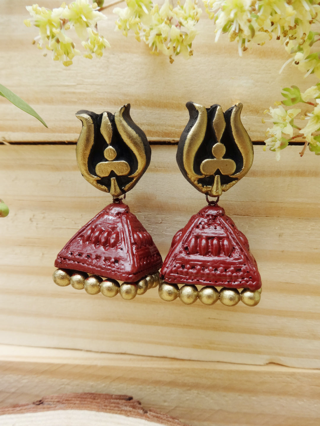 Trishul Design Hand Painted Terracotta Earrings