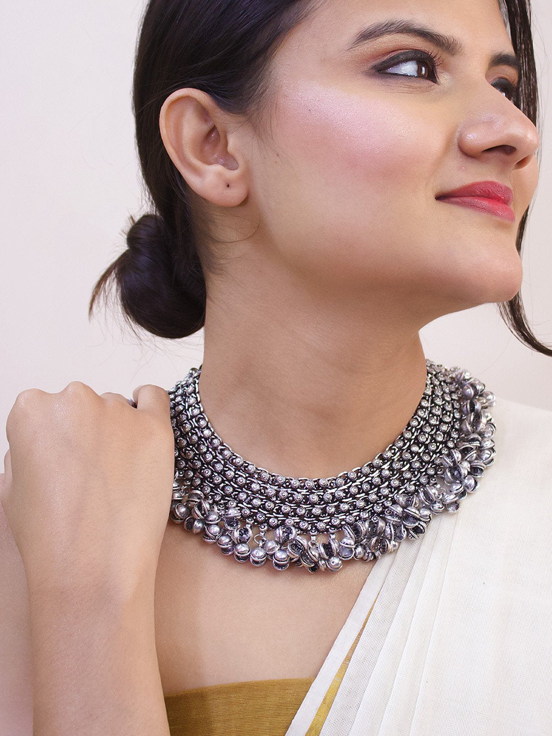 Silver Plated Floral Design With Hanging Silver Ghungroo Choker Necklace