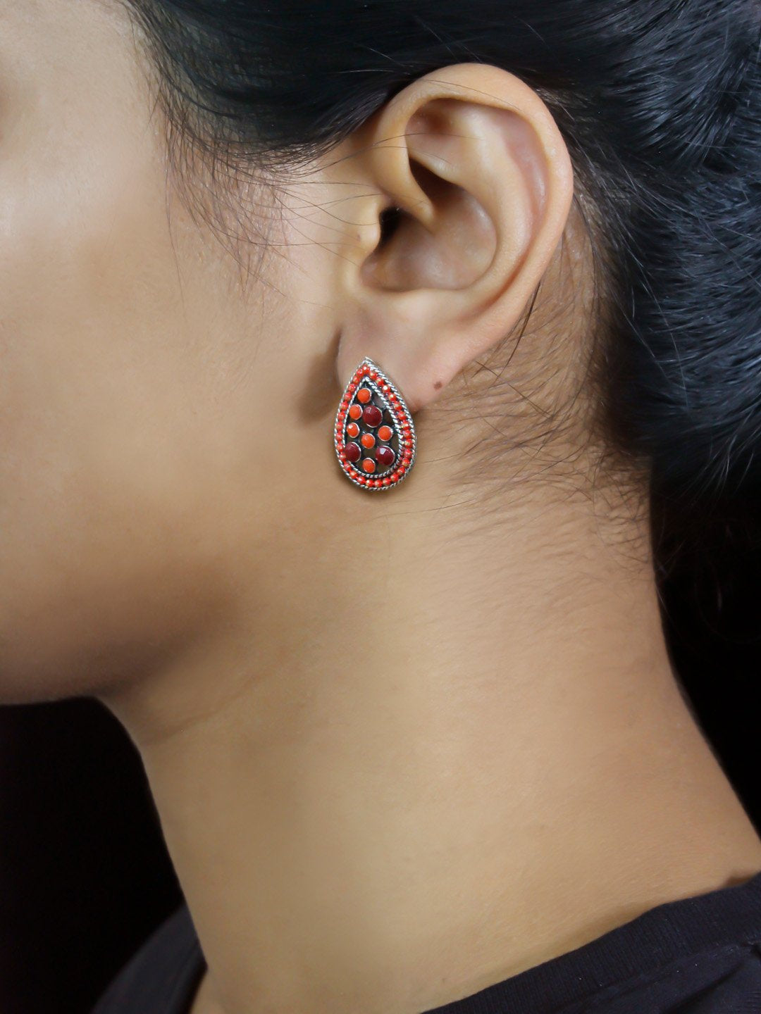 Tear Design Red Stud With Stones Earring