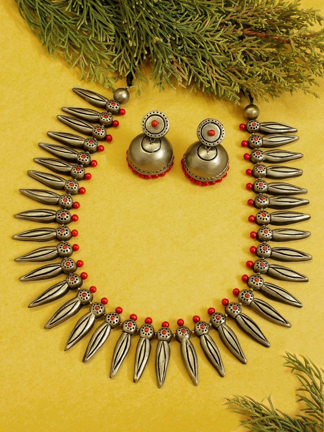 Fringe Design Hand Painted Finish Terracotta Jewelry Set