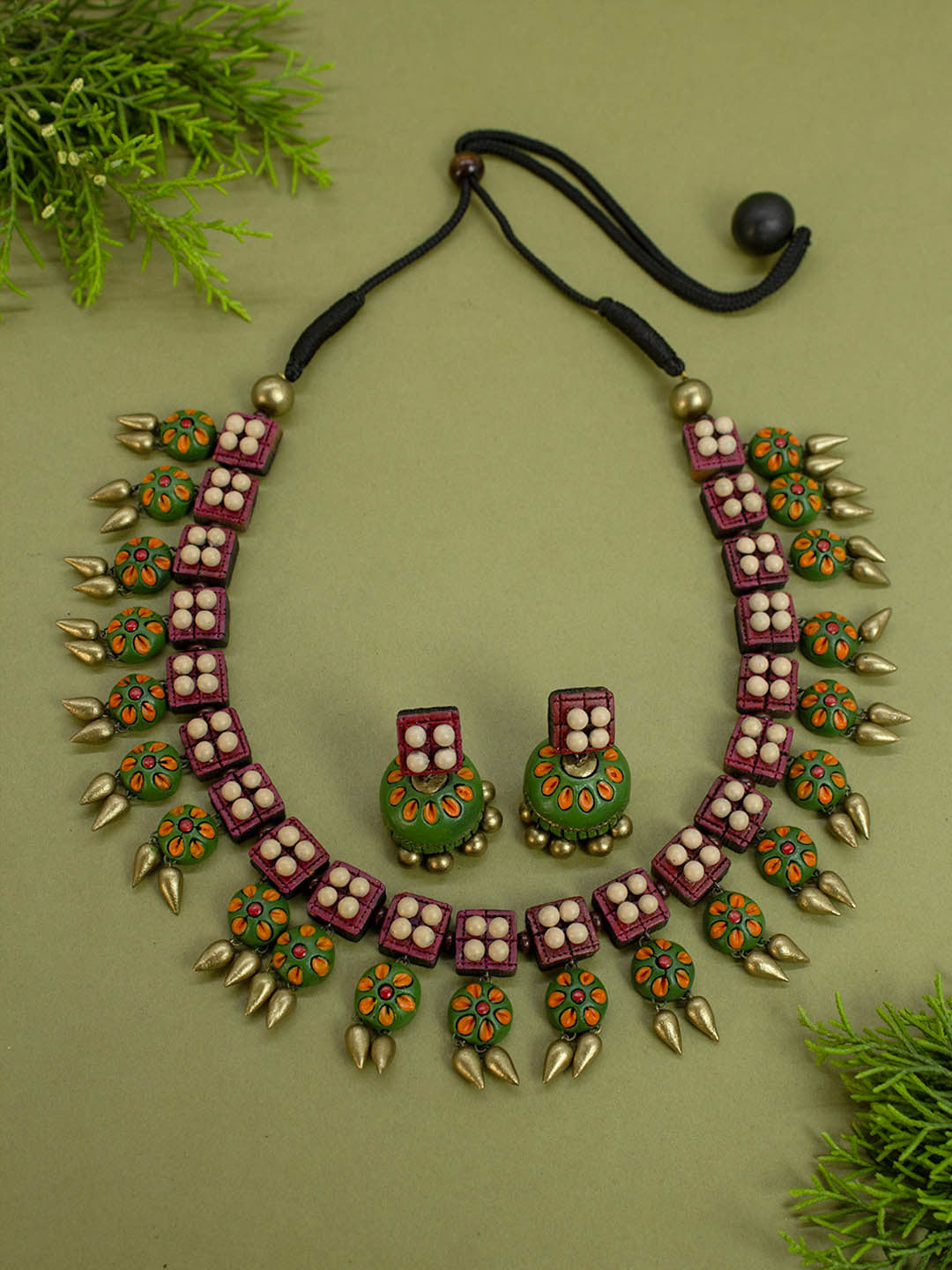 Square Design with Floral Hangings Antique Gold Red Green Mauve Orange and Pearl White Handmade Terracotta Necklace Set