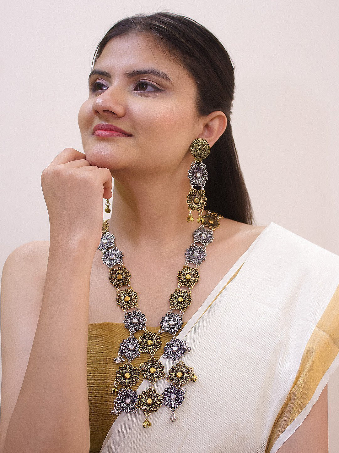 Oxidized Dual Tone Floral Design With Hanging Silver Coin Pendant