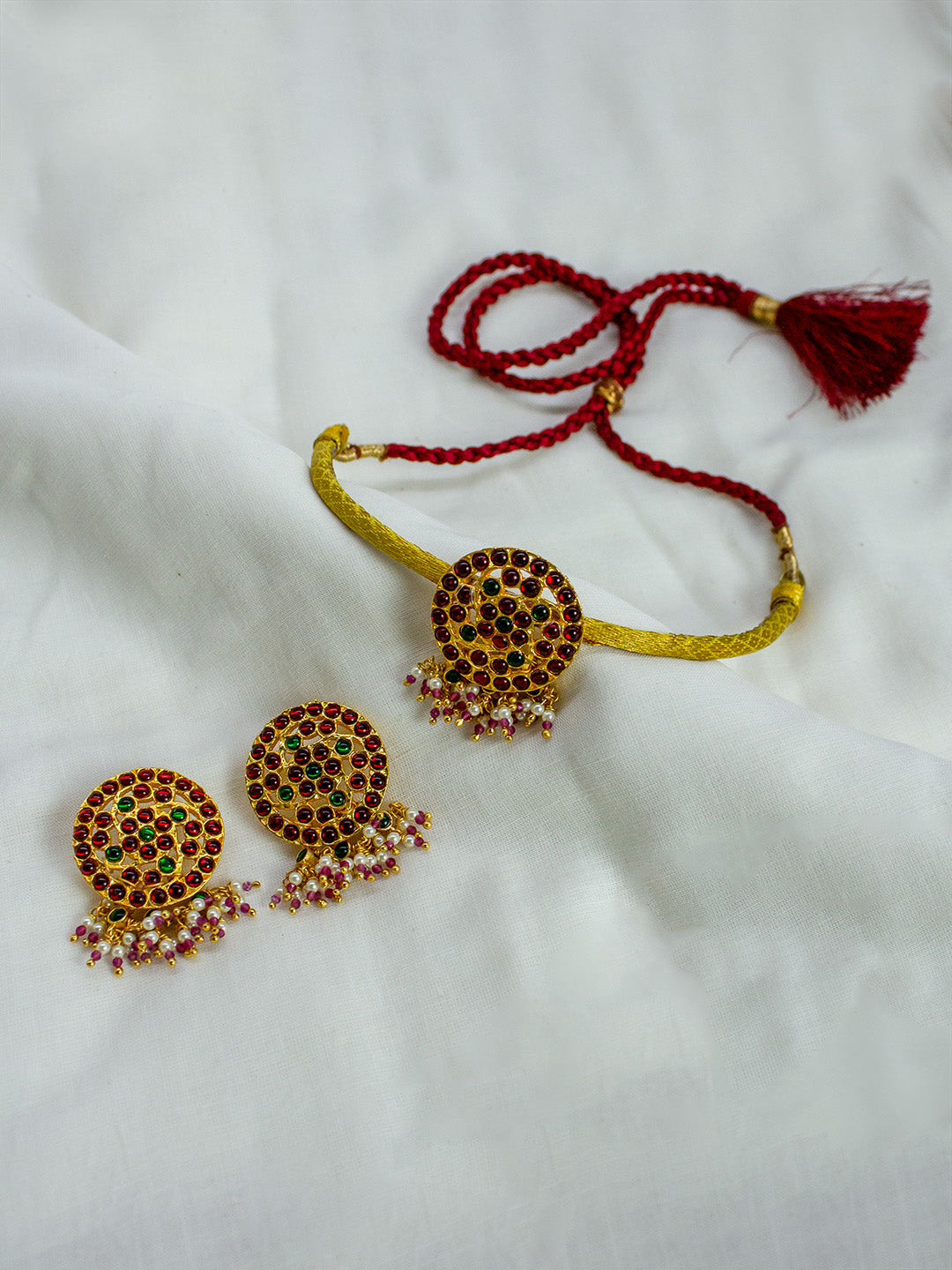 Zarvani — Gold Tone Yellow Zari Temple Choker Necklace Set with Pearls