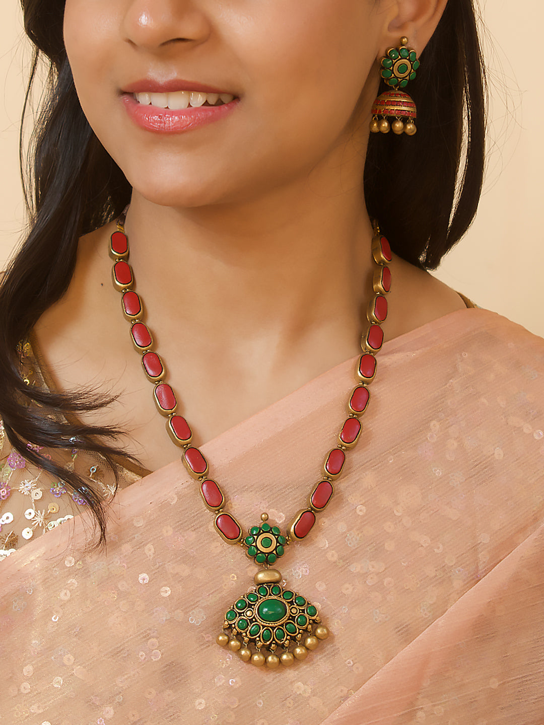 Pravaahika — Red Green Antique Gold Rounded Rectangular Pattern Haram Style Minimalistic Handmade Terracotta Necklace Set
