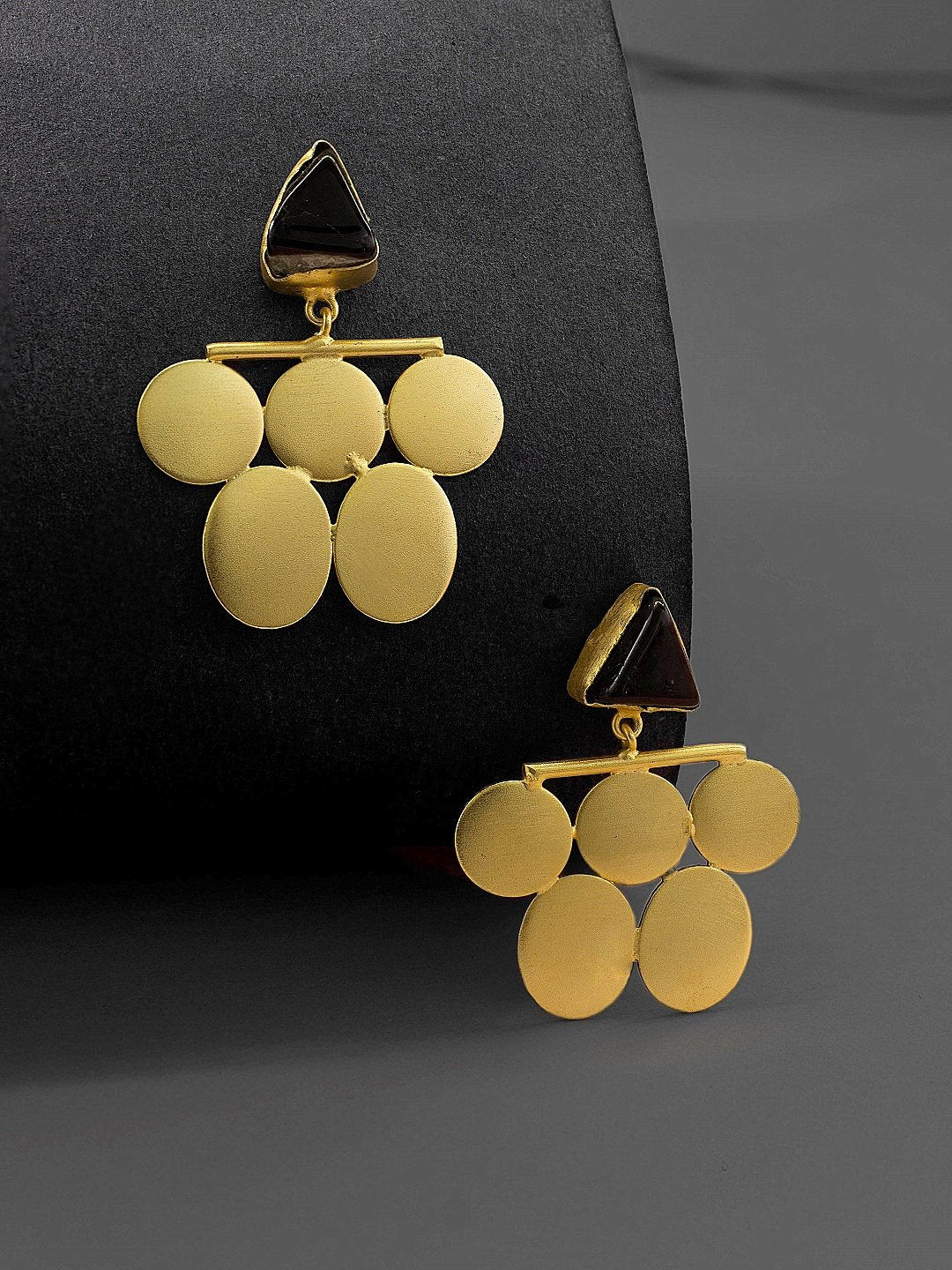 Contemporary Designer Gold Plated Black Color Onyx Semi Precious Stone Geometric Design Earring By Avismaya
