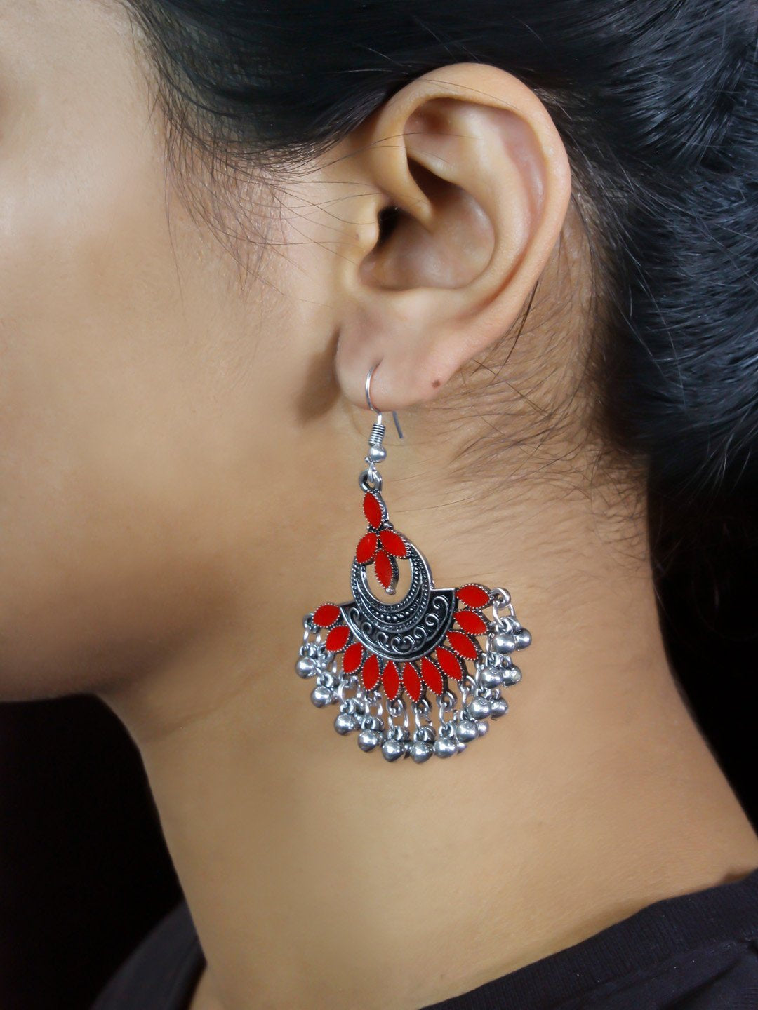 Floral Design Red Dangler Afghani Earring