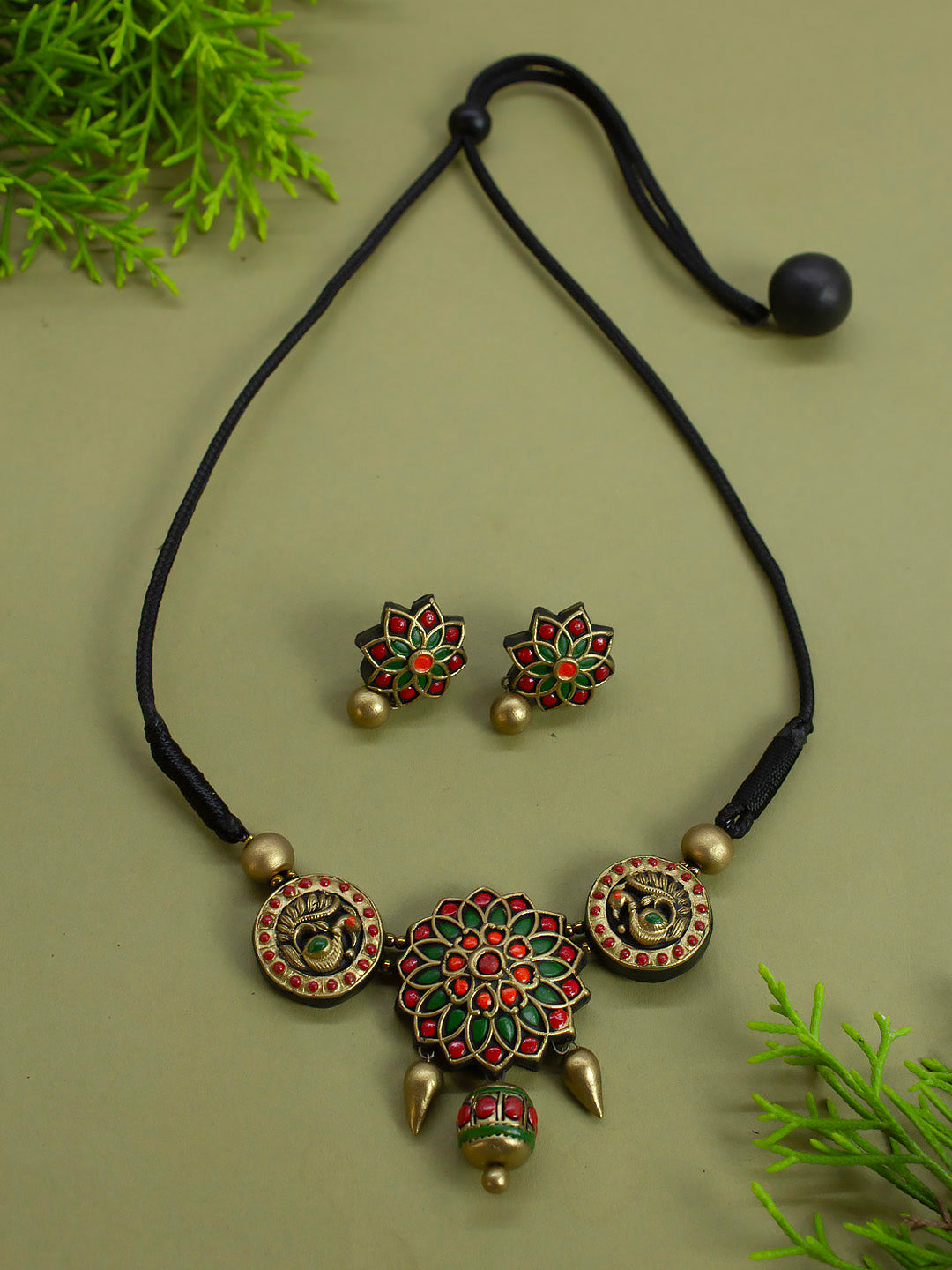 Chakramayura — Mandala Art and Peacock Design Circular Antique Gold Red Green Handmade Terracotta Choker Necklace Set