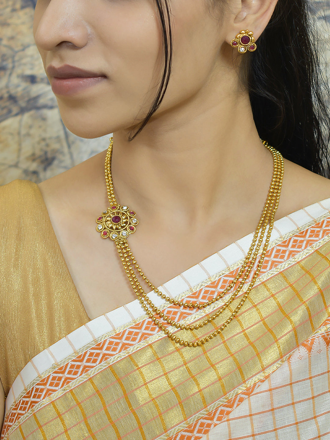 3 Line Necklace With One Side Pendant Necklace Set