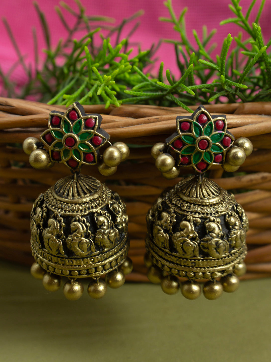 Priyanka — Antique Gold Red Green Mandala Art Design Peacock Handmade Terracotta Stud Jhumka Earrings