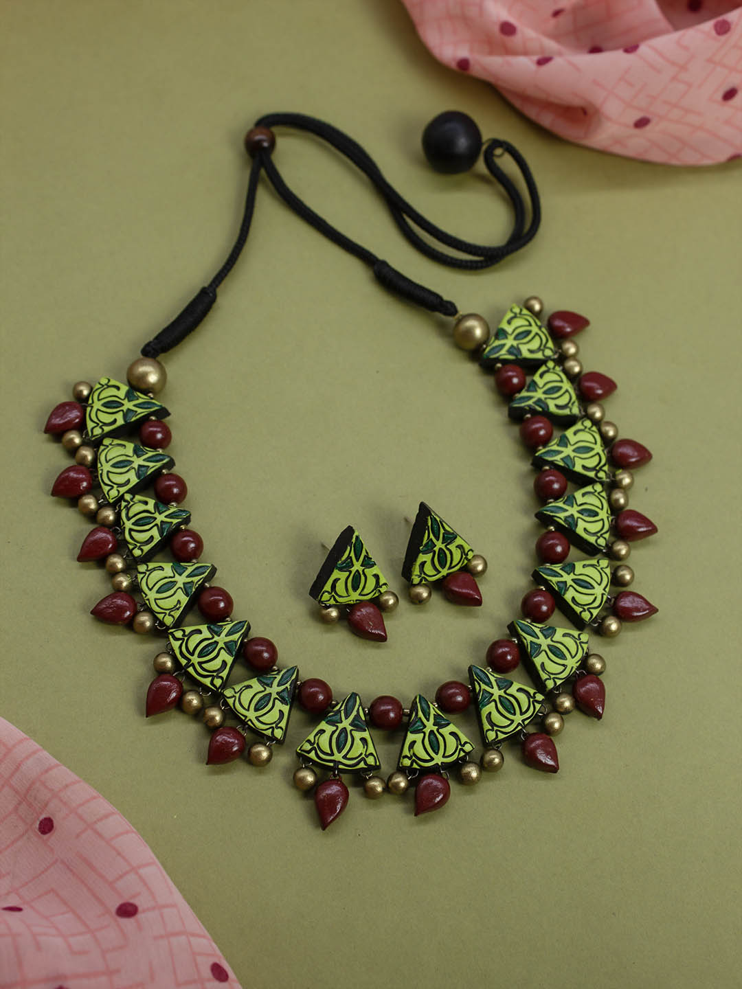 Triangular Design Antique Gold Light Green and Sap Green Handmade Terracotta Necklace Set