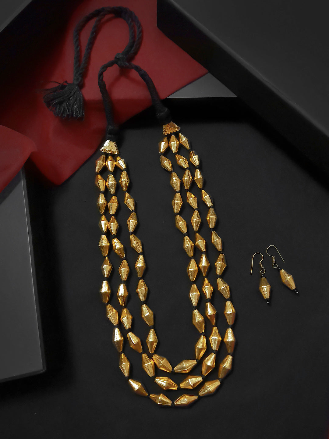 High Quality German Silver Plated Gold Tone Three Layered Diamond Shape Dholki Bead Bormala Adjustable Long Necklace Set