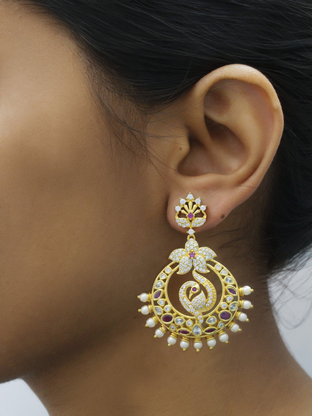 Avismaya Gold Plated Floral Design American Diamond Stone Dangler Earring