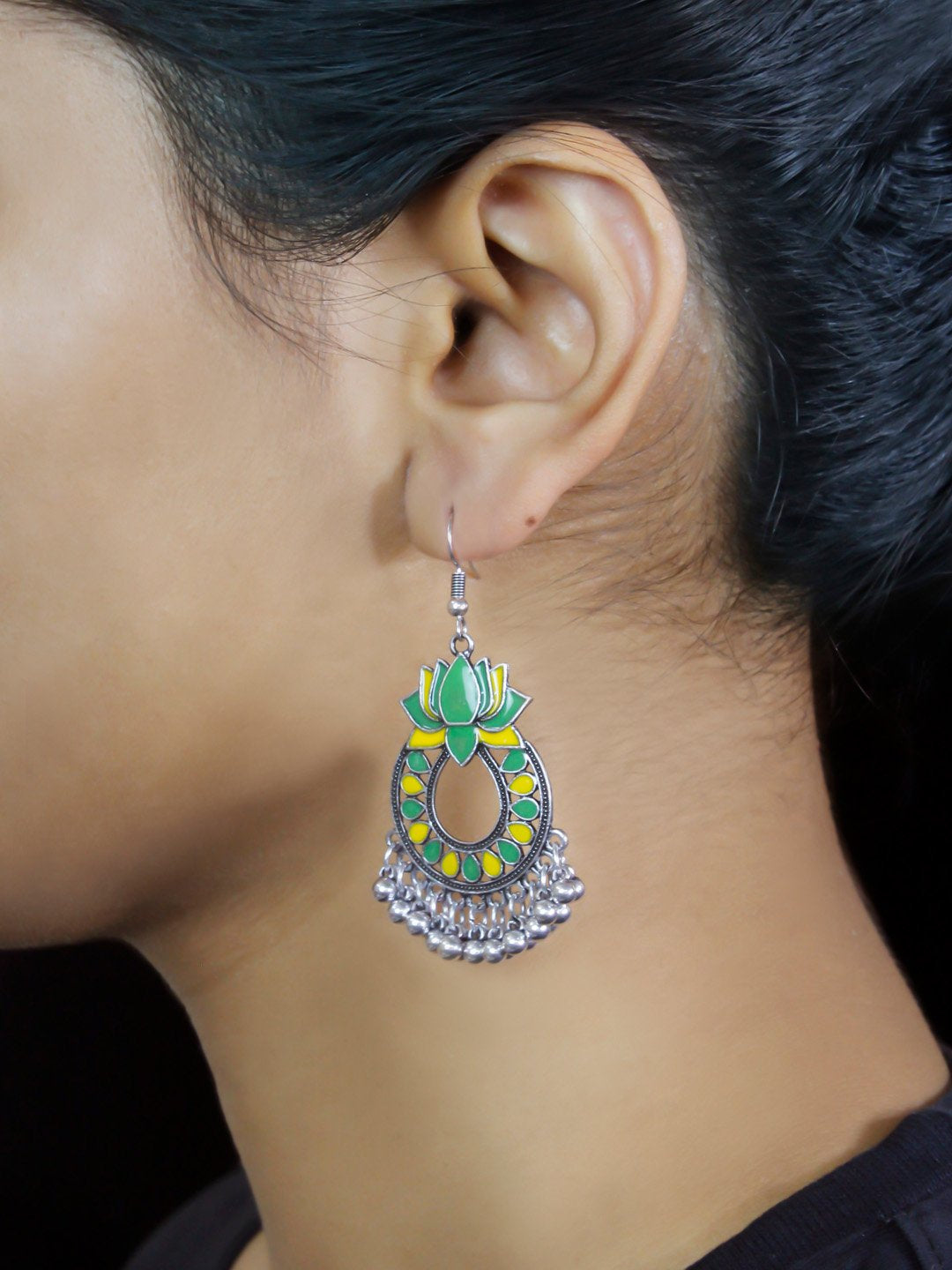 Floral Design Yellow and Green Dangler Afghani Earring