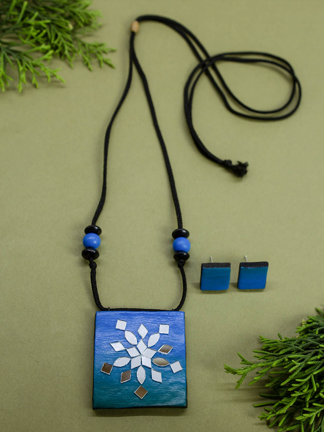 Blue Geometric Square Shape Flower Design Mirror Work Minimalistic