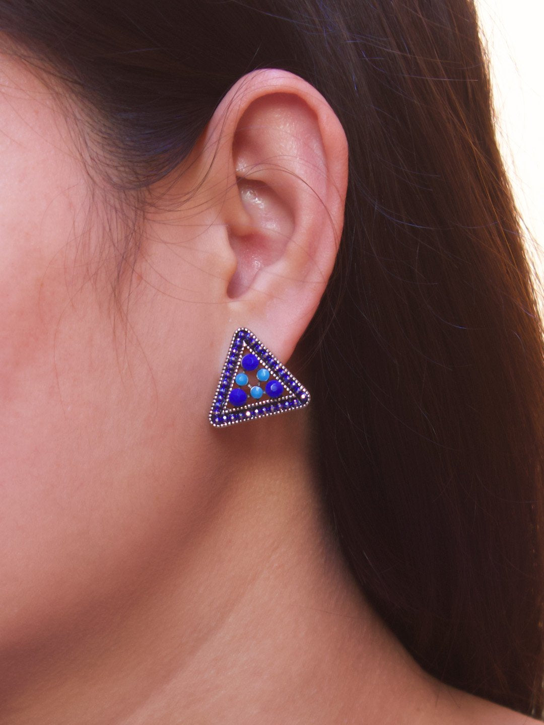 Silver Plated Triangle Shape Design Navy And Teal Color Enamel Painted Stud Earring