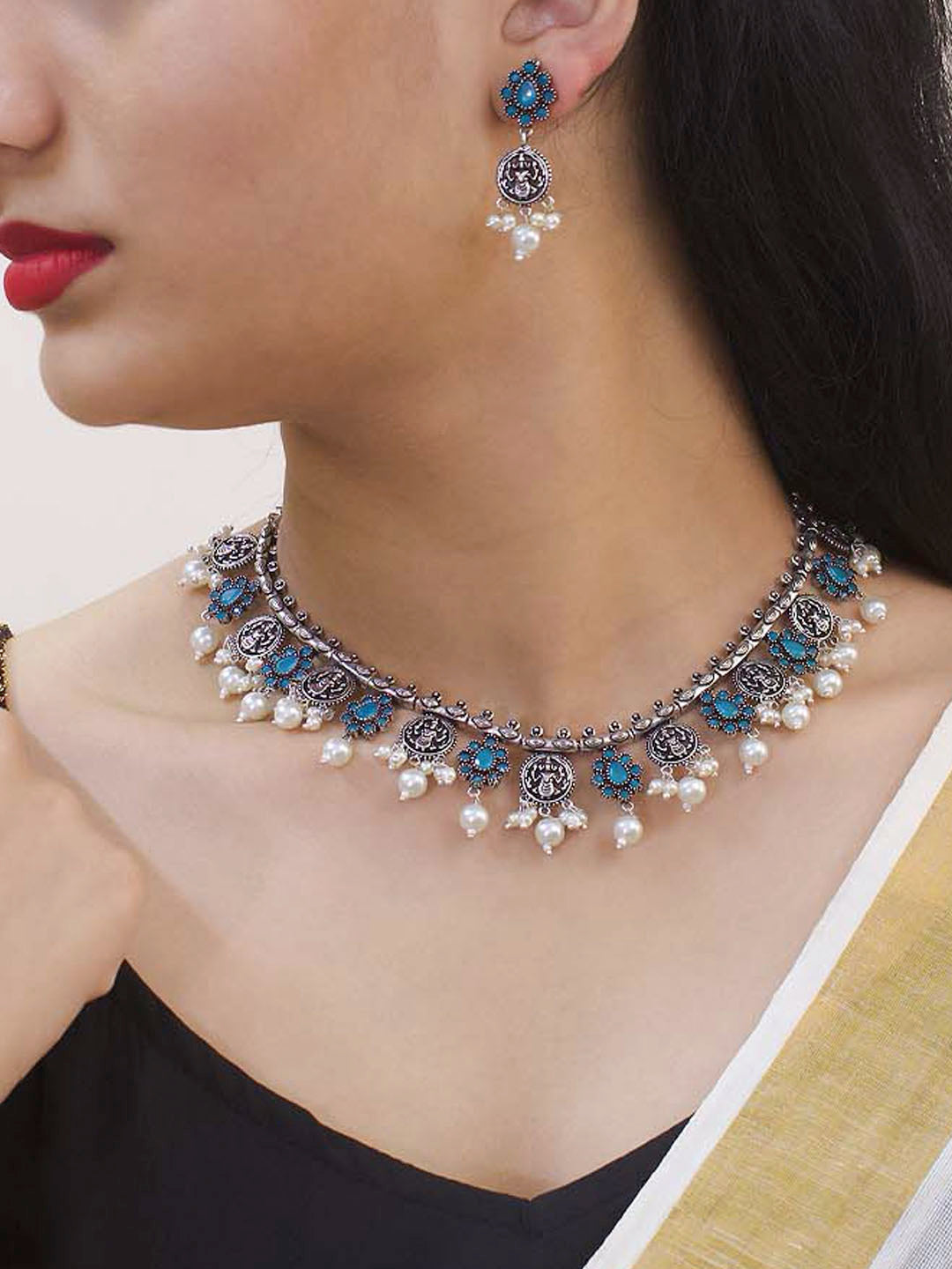 Silver Plated Lakshmi Design Coins Skyblue Color Stone With Hanging White Pearls Necklace Set For Women