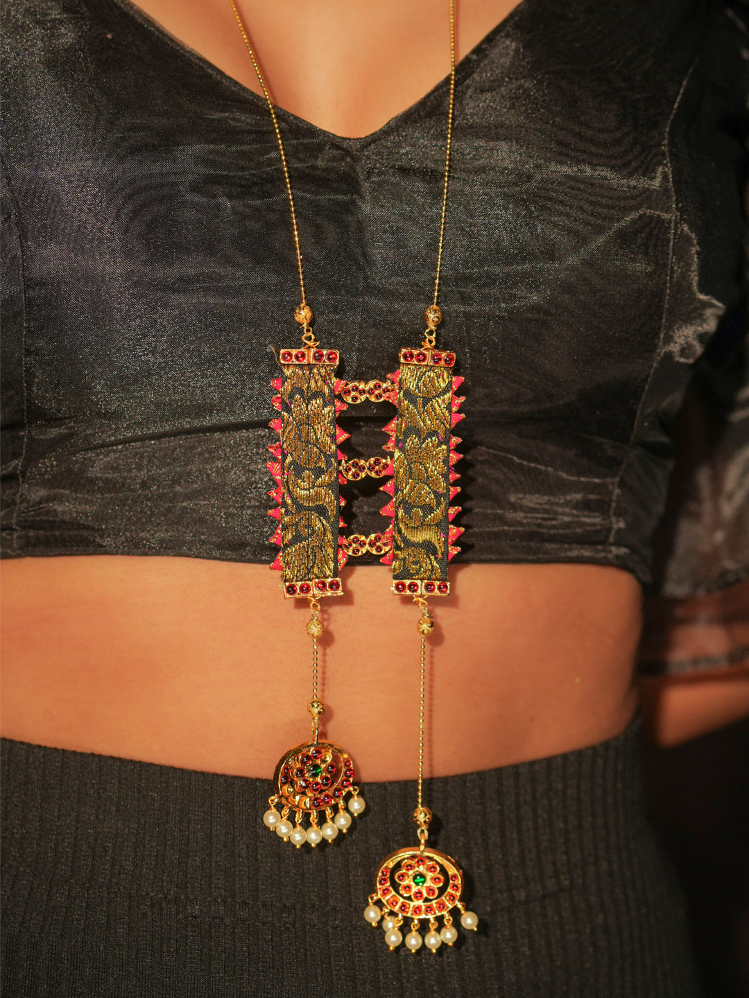 Zarilith — Gold Tone Temple Necklace- Zari necklace with chain- Black