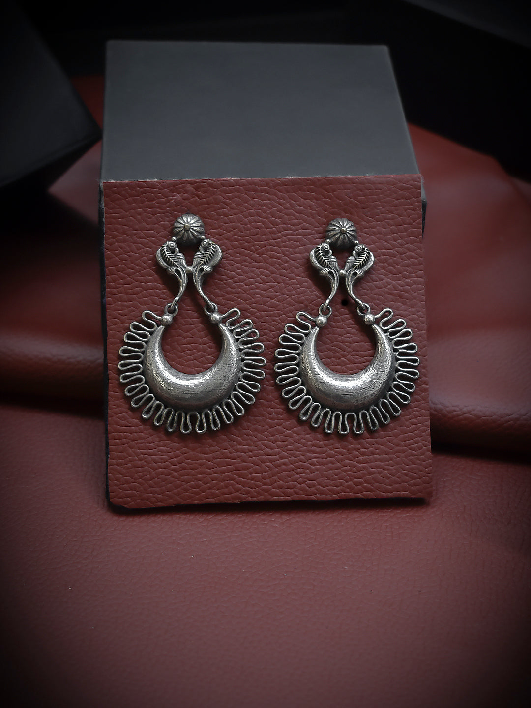Oxidised Silver Plated Crescent Design Dangler Earring