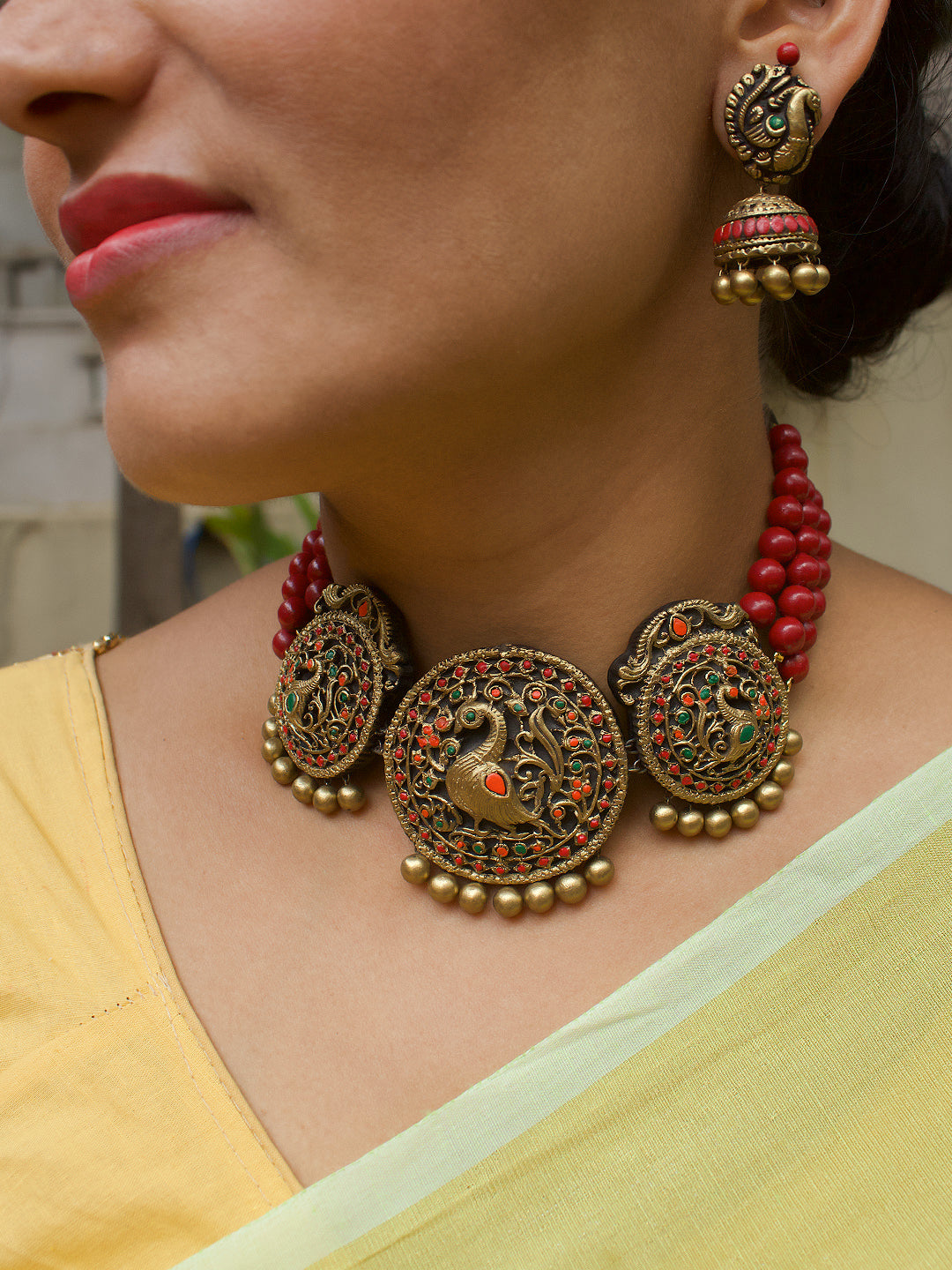Kanakaprabha — Peacock Design Hand Painted Finish Terracotta Jewellery Set