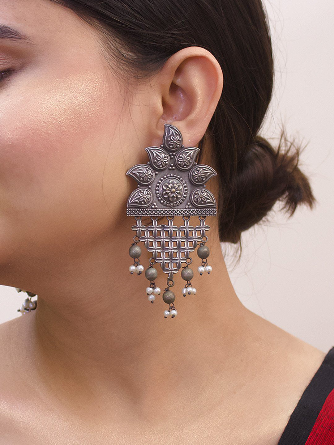 Silver Plated Mango Design With Hanging White Color Pearl Dangler Earring