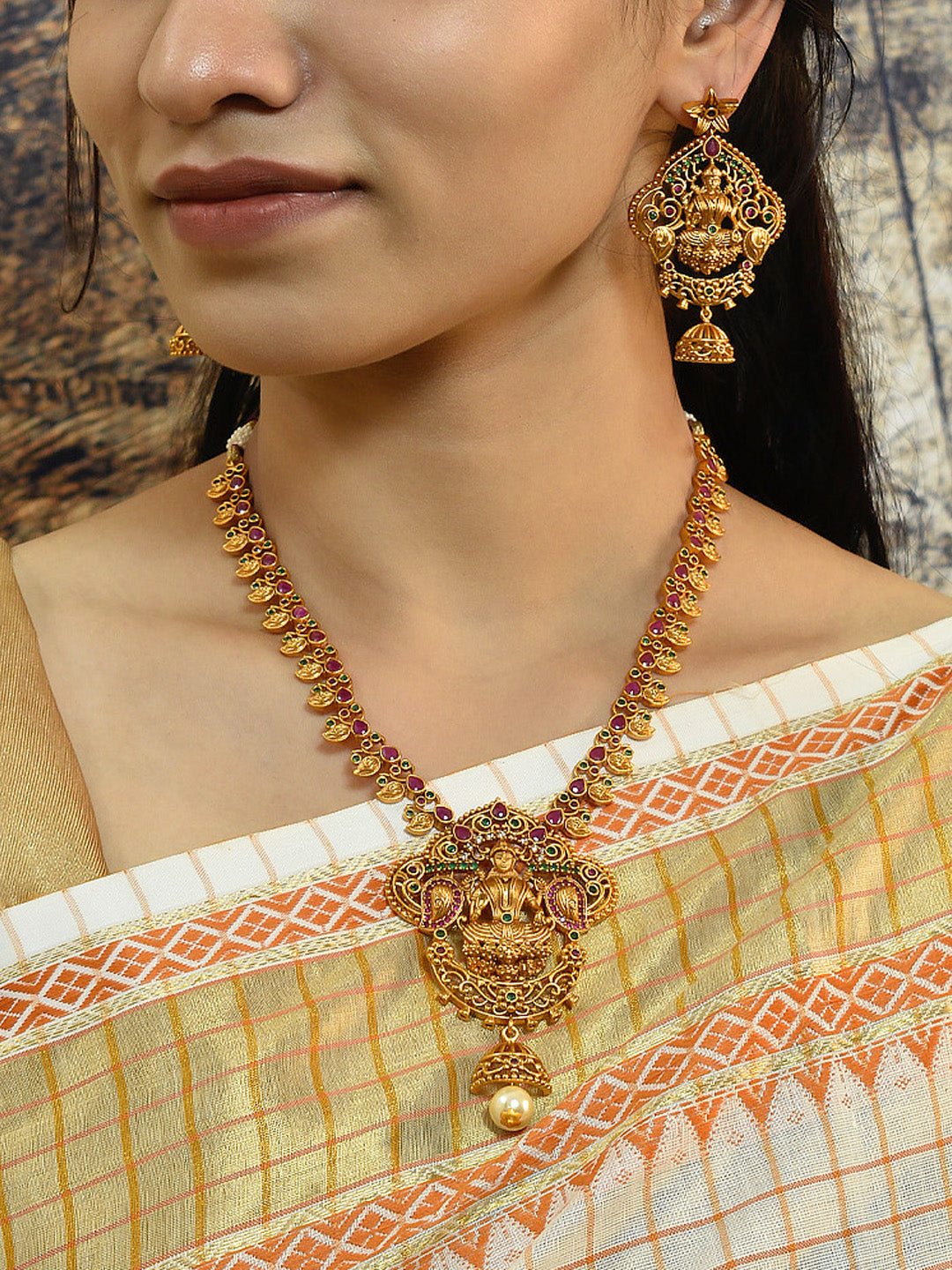 Avismaya Gold Plated Lakshmi Design Medium Haar Necklace Set With