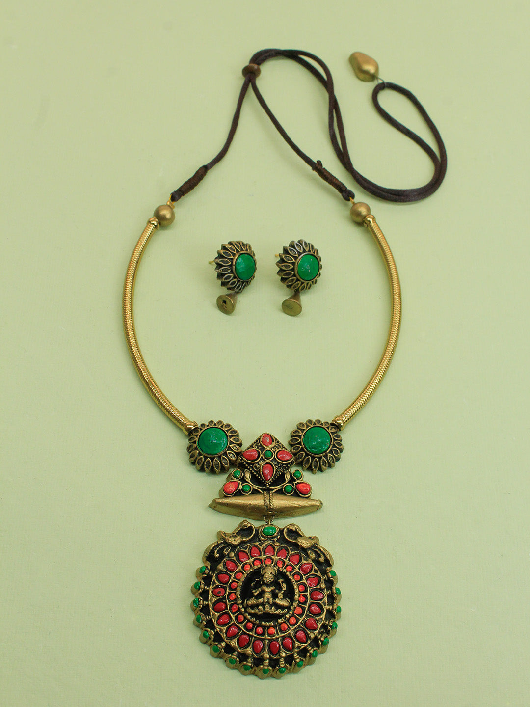 Antique Gold Green Orange Red Circular Lakshmi Pendant Hasli Tube Design Handmade Terracotta Necklace Set