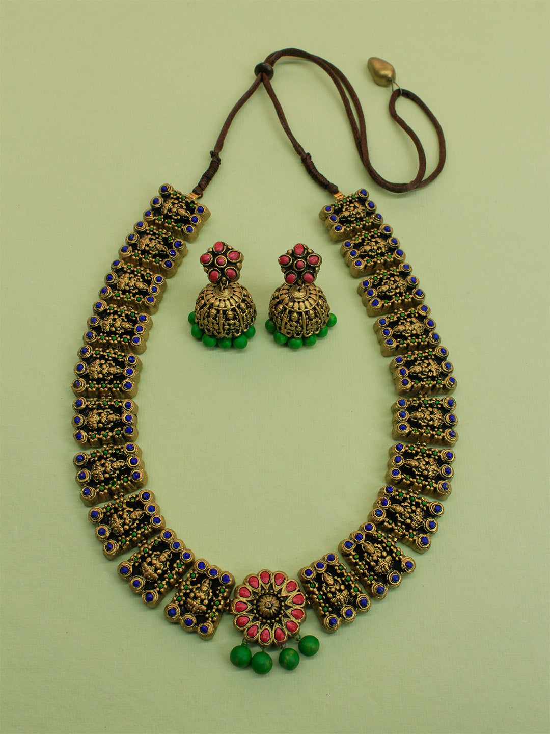 Antique Gold Peach Green Lakshmi Design Handmade Terracotta Necklace Set