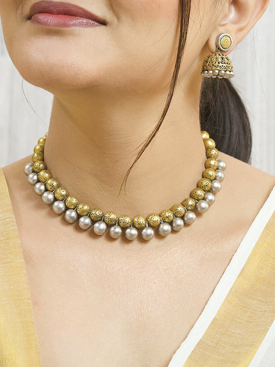 Dwandva Chitra — Dual Toned Geometric Design Beads Terracotta Choker Necklace Set