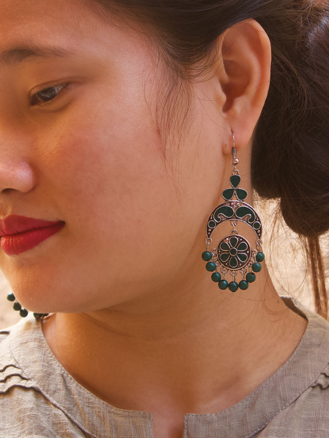 Floral Design Green Dangler Afghani Earring