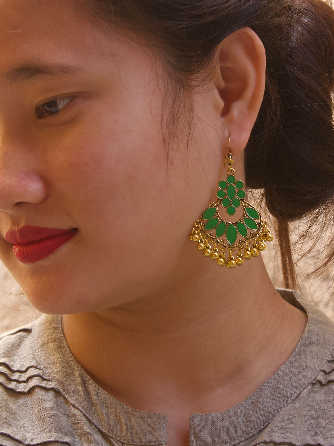 Gold Plated Floral Design Green Enamel Paint Afghani Earring