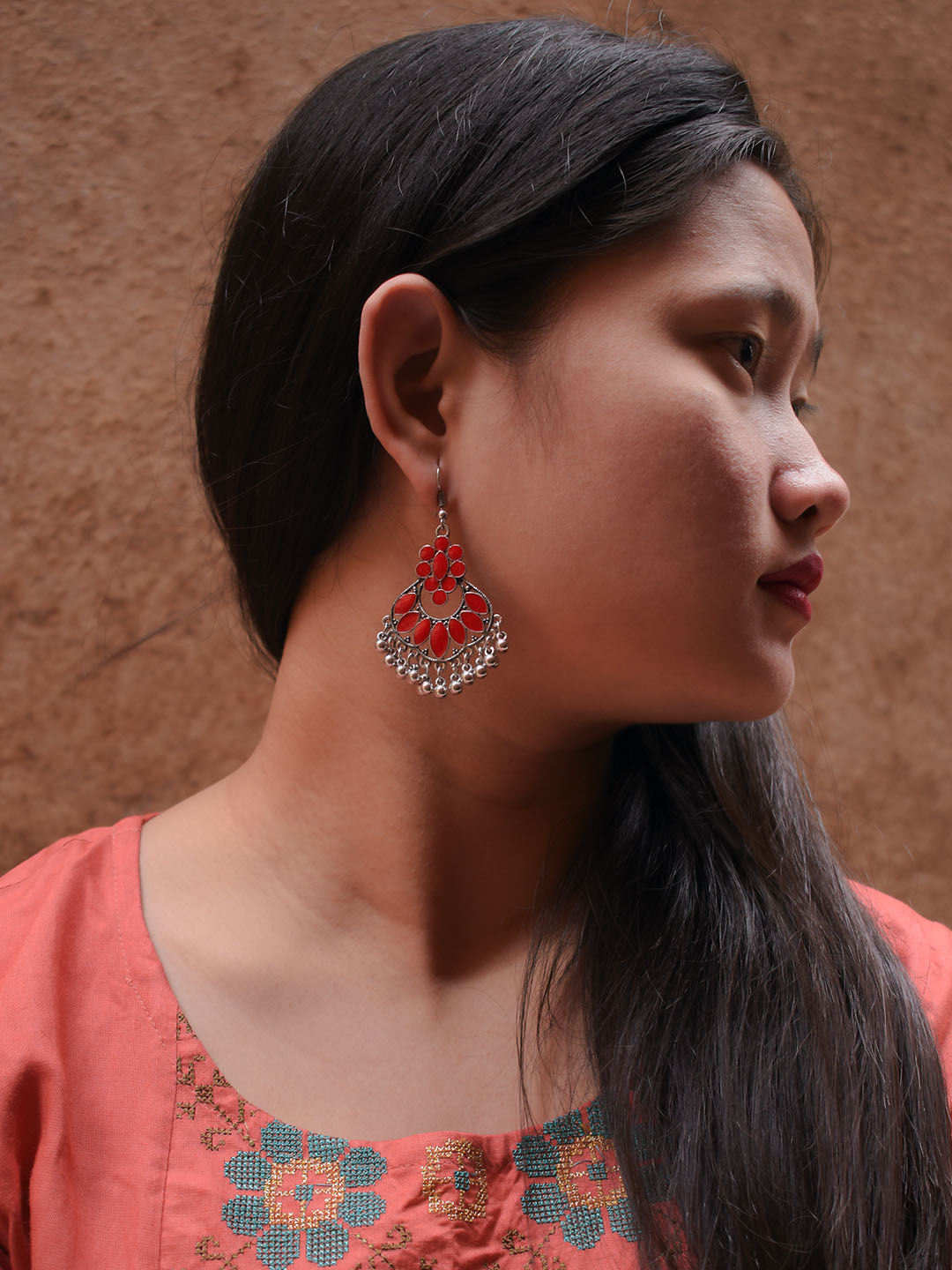 Floral Design Red Dangler Afghani Earring